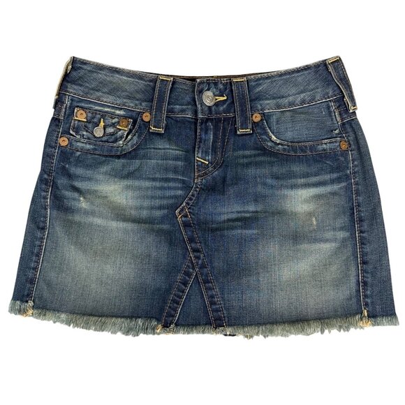 True Religion Womens Denim Mini Skirt Size 26 Frayed Hem Y2K Cotton USA Made - Picture 1 of 12